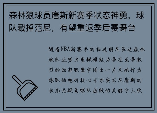 森林狼球员唐斯新赛季状态神勇，球队裁掉范尼，有望重返季后赛舞台